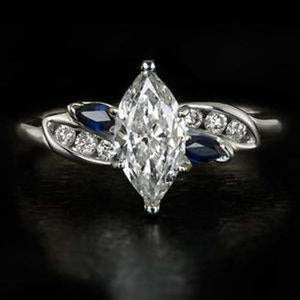 2Ct Marquise Cut Diamond Solitaire Ring 14K White Gold Over Blue Sapphire Accent