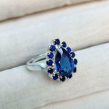 2.3ct Engagement Ring Pear Cut Blue Sapphire Solitaire Halo 14k WhiteGold Finish