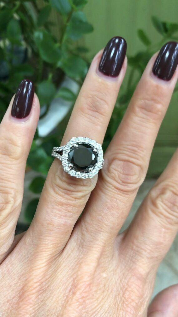 1.6ct Round Cut Black Diamond Accents Halo Engagement Ring 14k White Gold Finish