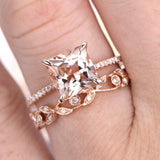 2ct Princess Cut Peach Morganite Bridal Set Engagement Ring 14k Rose Gold Finish