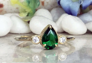 1.3ct Engagement Ring Pear Cut Green Emerald Three Stone 14k Yellow Gold Finish