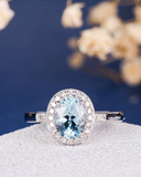 1.8ct Oval Cut Blue Aquamarine Diamond Halo Solitaire Ring 14k White Gold Finish