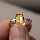 1.2ct Emerald Cut Yellow Citrine Engagement Ring 14k White Gold Finish Trilogy