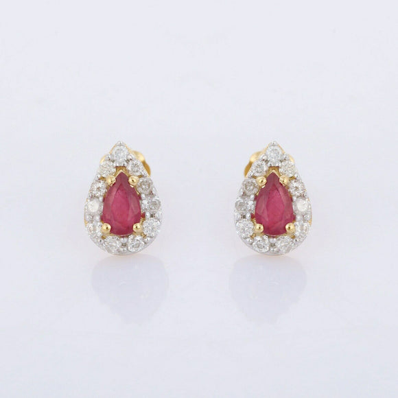 1.7ct Stud Earrings Pear Cut Pink Ruby Diamond Halo 14k Yellow Gold Finish