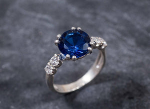 2ct Round Cut Blue Sapphire Diamond Accent Solitaire Ring 14k White Gold Finish