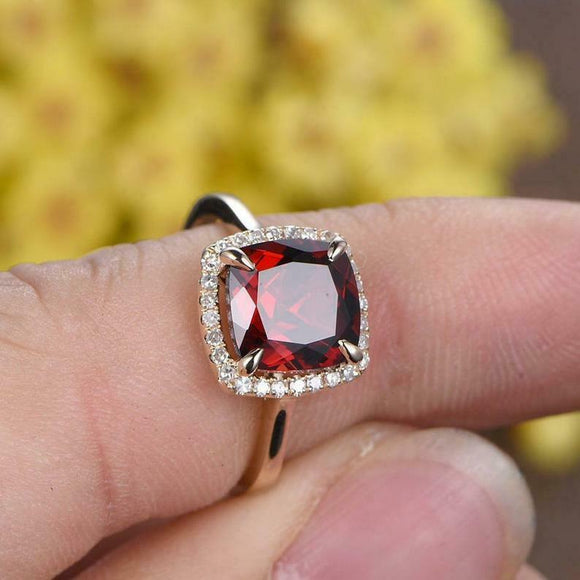 1.5ct Cushion Cut Red Garnet Dimaond Halo Solitaire Ring 14k Yellow Gold Finish