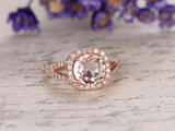 2ct Round Cut Peach Morganite Diamond Halo Split Shank Ring 14k Rose Gold Finish