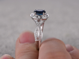 1.5ct Oval Cut Blue Sapphire Engagement Ring Diamond Halo 14k White Gold Finish