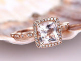 1.4ct Princess Cut Peach Morganite Halo Engagement Ring 14k Rose Gold Finish