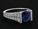 4ct Round Cut Blue Sapphire Dual Row Accent Solitaire Ring 14k White Gold Finish