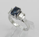 2.3ct Emerald Cut Blue Sapphire Trilogy Engagement Ring 14k White Gold Finish