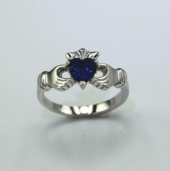 1ct Heart Cut Blue Sapphire Engagement Ring Claddagh Design 14k WhiteGold Finish