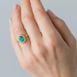 2.3ct Oval Cut Green Emerald Engagement Ring Floral Halo 14k Yellow Gold Finish