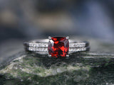 2Ct Cushion Red Garnet Diamond Bridal Set Engagement Ring 14K White Gold Finish