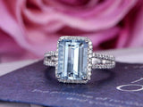 2.3ct Emerald Cut Aquamarine Engagement Ring Split Band Halo 14k White Gold Over