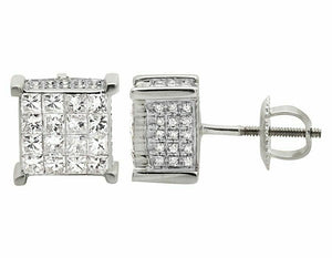 1.2ct Princess Cut Diamond Cube Hip Hop Iced Stud Earrings 14k White Gold Finish