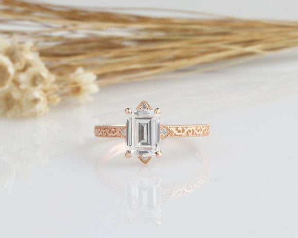 2ct Emerald Cut Diamond Engagement Ring Milgrain Filigree 14k Rose Gold Finish