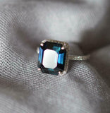 2.4ct Engagement Ring Emerald Cut Blue Sapphire Diamond Halo 14k White Gold Over