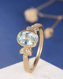 1ct Oval Blue Aquamarine Diamond Flower Leaf Milgrain Ring 14k Yellow Gold Over