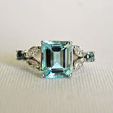 3Ct Emerald Cut Blue Aquamarine Art Deco Engagement Ring 14K White Gold Finish