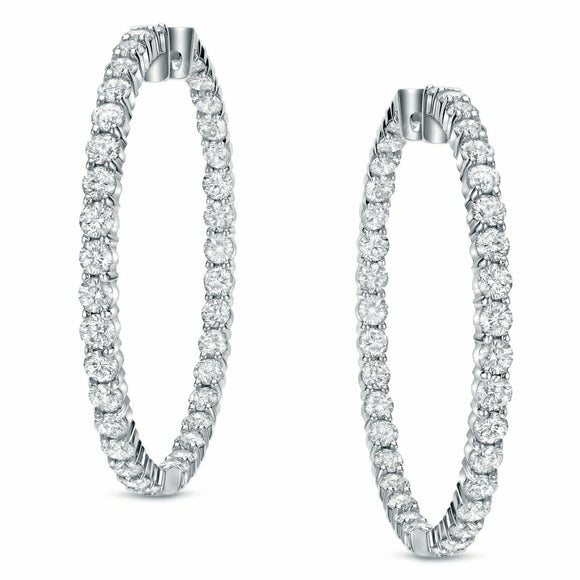 3ct Round Cut Diamond Thin Inside Out Party Hoop Earrings 14k White Gold Finish