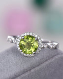 1.5Ct Round Cut Green Peridot Diamond Halo Engagement Ring 14K White Gold Finish