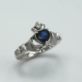 1ct Heart Blue Sapphire Engagement Ring Diamond Claddagh 14k White Gold Finish