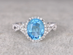 2.3ct Oval Cut Blue Topaz Engagement Ring Infinity Design 14k White Gold Finish