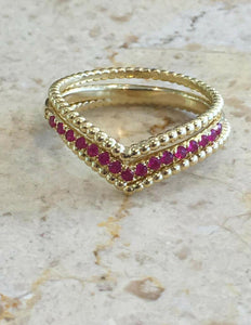 1ct Round Cut Ruby Engagement Ring Curved Chevron Trio Set 14k Yellow Gold Over