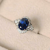 2ct Oval Cut Blue Sapphire Solitaire Round Floral Halo Ring 14k WhiteGold Finish