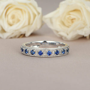 1.5ct Round Blue Sapphire Wedding Band Vintage Half Eternity 14k White Gold Over