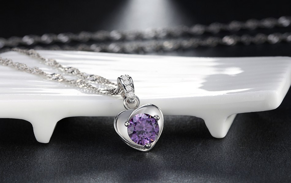 0.5ct Round Cut Purple Amethyst Pendant Heart Shape 14k White Gold Over NO CHAIN