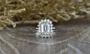 1.3ct Emerald Cut Diamond Engagement Ring 14k White Gold Finish Halo Solitaire