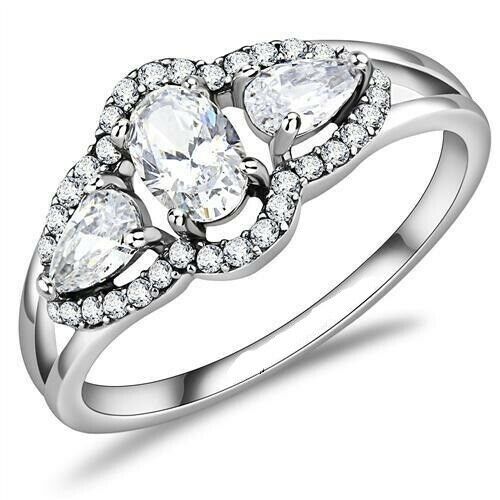 3Ct Oval Pear Cut Diamond Three Stone Halo Engagement Ring 14K White Gold Finish