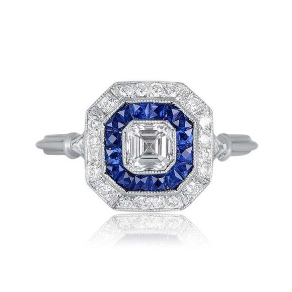 3ct Asscher Cut Diamond Blue Sapphire Halo Art Deco Ring 14k White Gold Finish