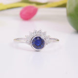 1.5ct Round Cut Blue Sapphire Diamond Crown Engagement Ring 14k WhiteGold Finish