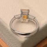 2ct Emerald Cut Yellow Citrine Engagement Ring Three Stone 14k White Gold Finish