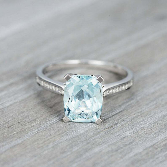 2ct Cushion Blue Aquamarine Engagement Ring Diamond Accents 14k White Gold Over