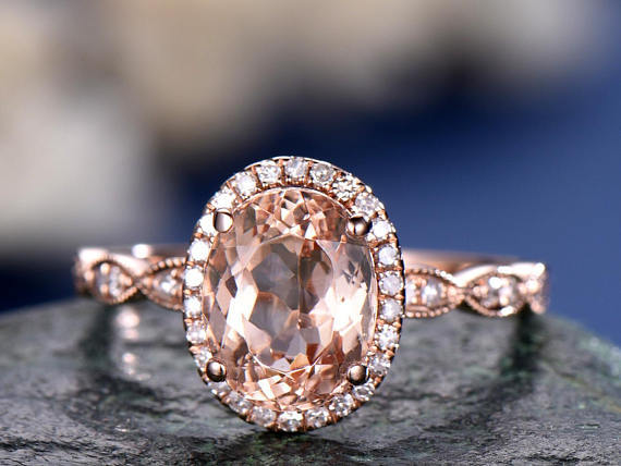 2.6ct Oval Cut Peach Morganite Halo Diamond Accents Ring 14k Rose Gold Finish