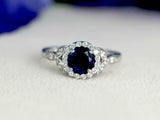 1.5ct Round Cut Blue Sapphire Engagement Ring Halo Floral 14k White Gold Finish