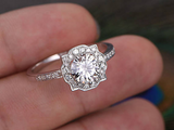 1ct Round Cut Diamond Accents Vintage Halo Engagement Ring 14k White Gold Finish