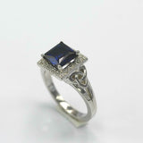 2.2ct Princess Cut Blue Sapphire Halo Celtic Trinity Ring 14k White Gold Finish