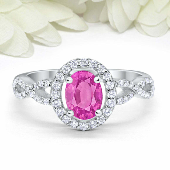 2ct Oval Cut Pink Sapphire Engagement Ring Twist Shank Halo 14k WhiteGold Finish