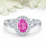 2ct Oval Cut Pink Sapphire Engagement Ring Twist Shank Halo 14k WhiteGold Finish