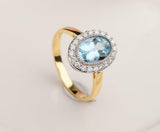 2.3ct Oval Cut Blue Aquamarine Engagement Ring Milgrain Halo 14k DualGold Finish