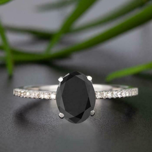 1.2ct Oval Black Diamond Engagement Ring 14k White Gold Finish Accents Solitaire