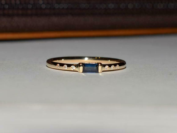 0.3ct Engagement Ring Baguette Cut Blue Sapphire Minimalist 14k Yellow Gold Over