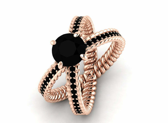 Braided Open Split Shank Ring 2ct Round Cut Black Diamond 14k Rose Gold Finish