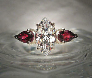 2.2ct Marquise Cut Diamond Trilogy Ring 14k White Gold Finish Ruby Pear Accents