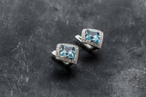 2ct Stud Earrings Asscher Cut Blue Aquamarine Diamond Halo 14k White Gold Finish